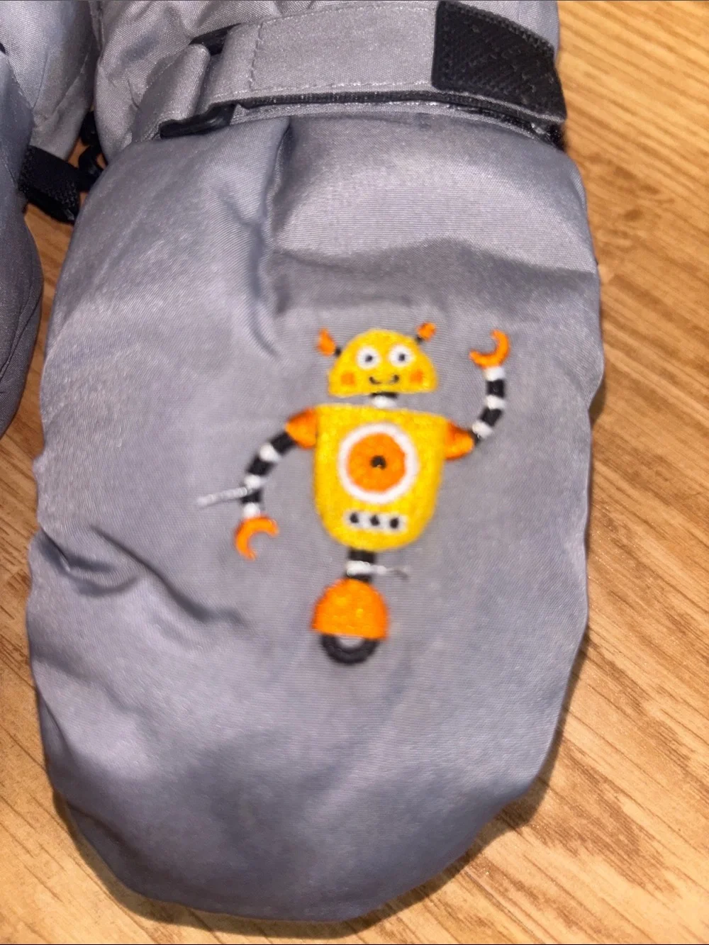3M Thinsulate Gray Kids Mittens with Orange Robot Embroidery